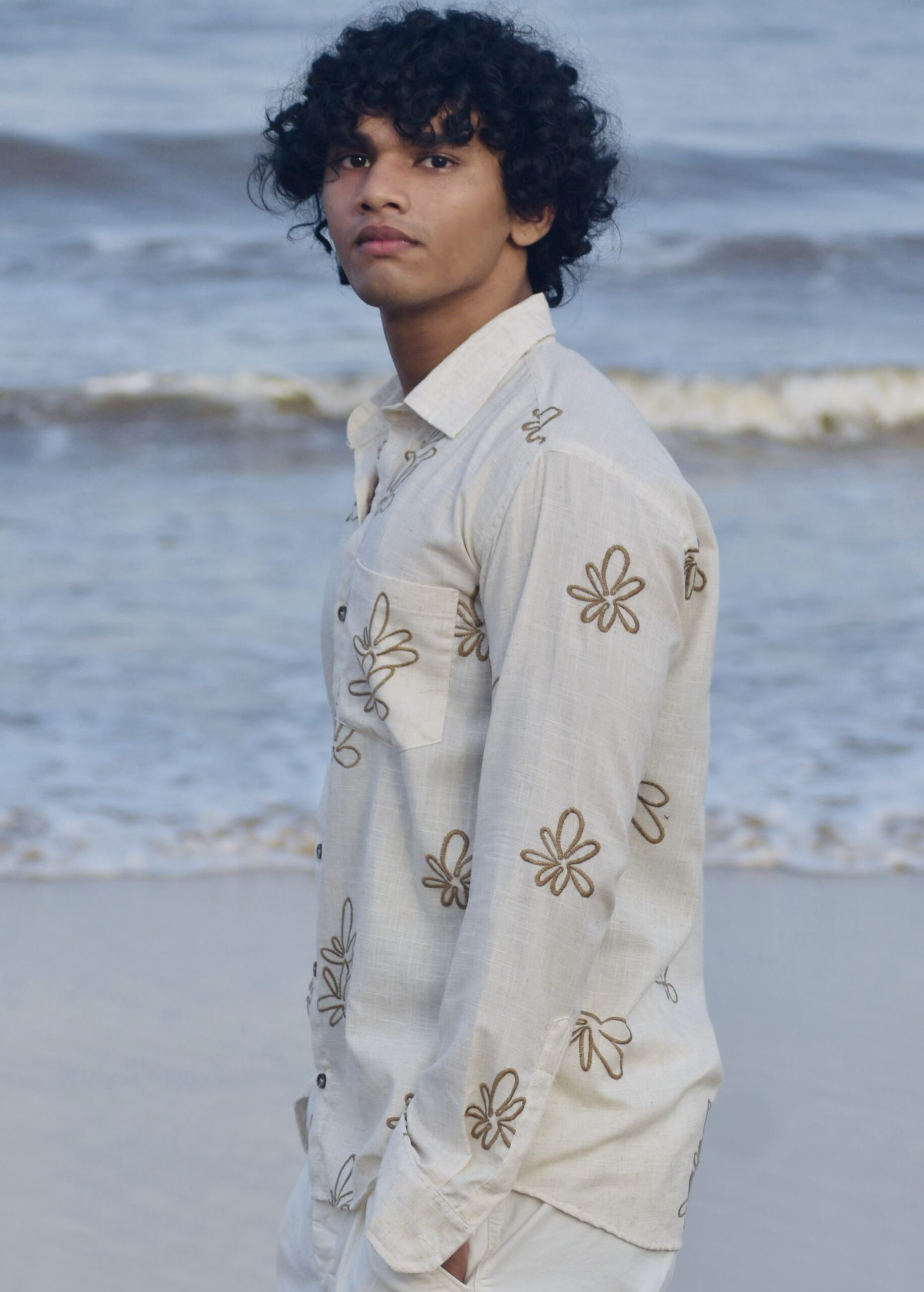 BROWN-EMBROIDERY NATURAL LINEN