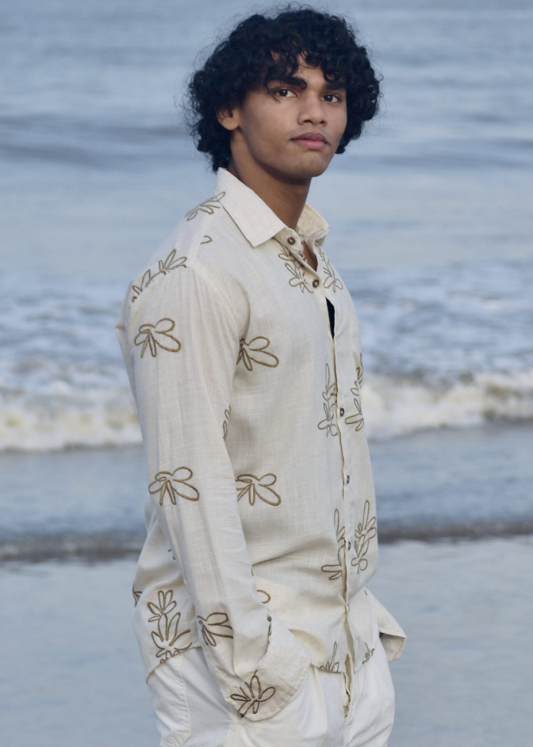 BROWN-EMBROIDERY NATURAL LINEN