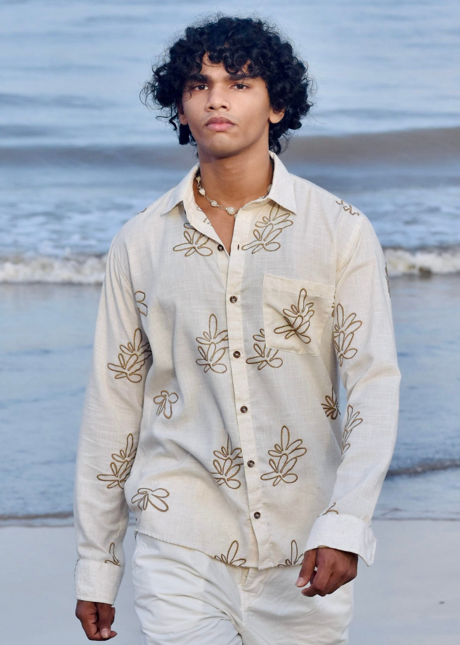 BROWN-EMBROIDERY NATURAL LINEN
