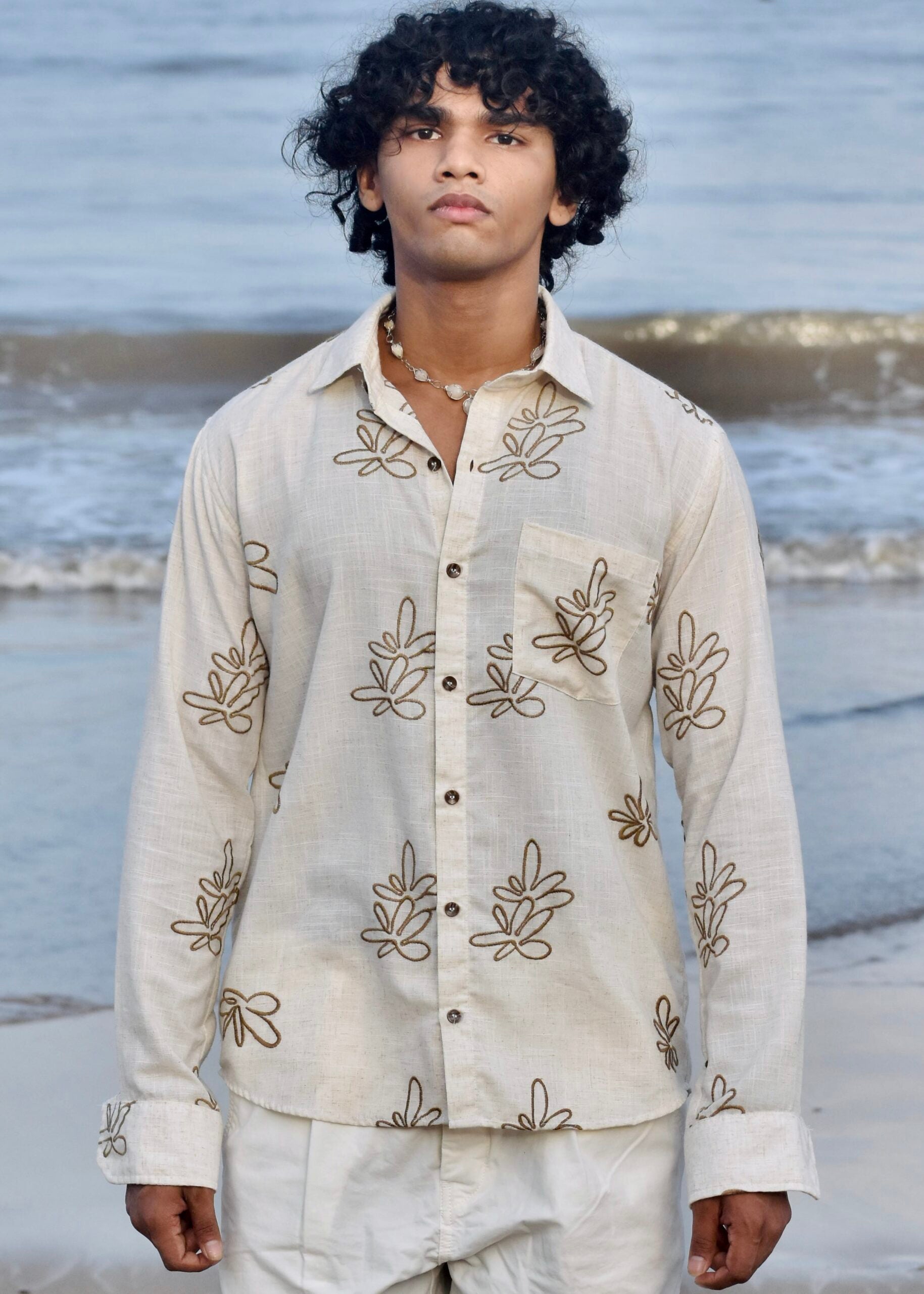 BROWN-EMBROIDERY NATURAL LINEN