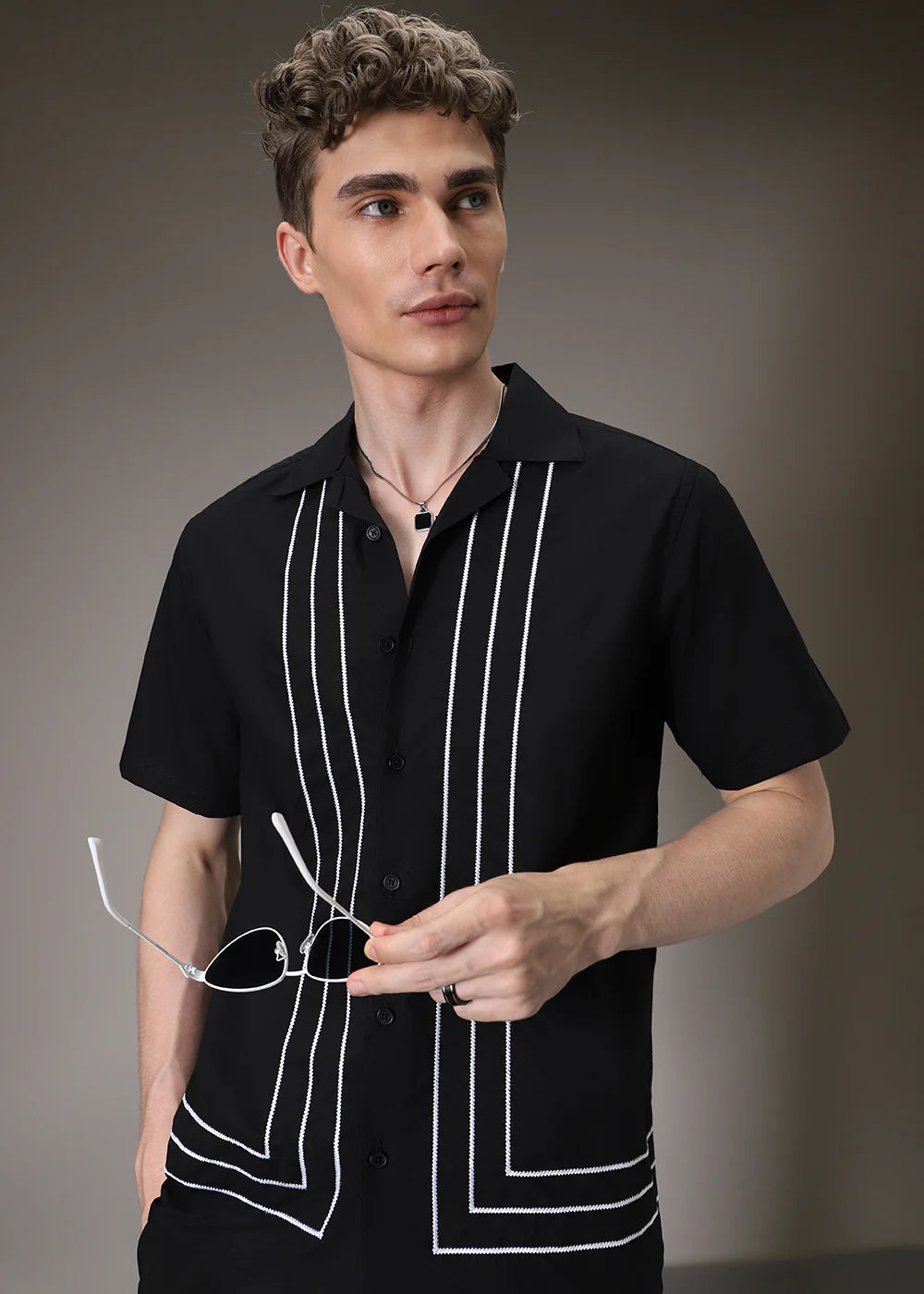 BLACK STRIPES EMBROIDED SHIRT